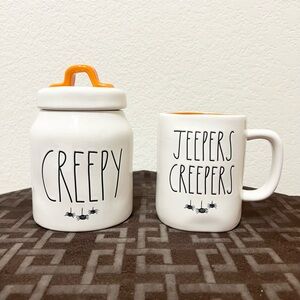 Rae Dunn Halloween spider set CREEPY canister and JEEPERS CREEPERS mug